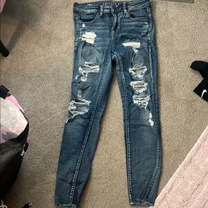 American Eagle Outfitters Blue Skinny Jeans with Distressed Details